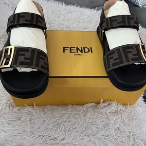 Fendi Black and Brown Logo Slides